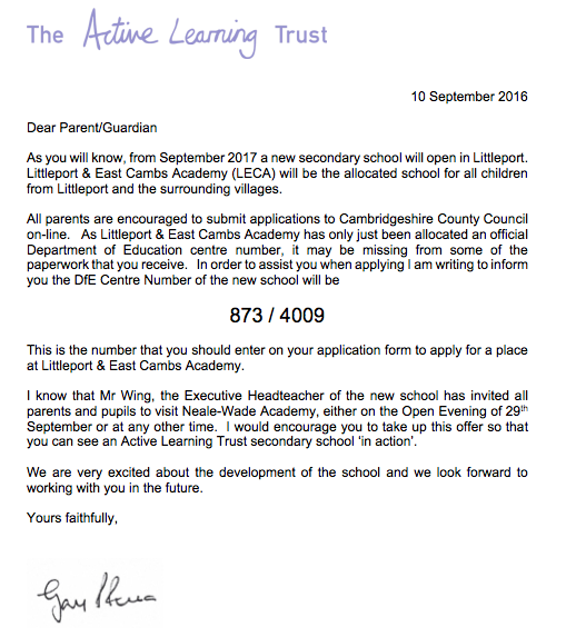 Image of Littleport and East Cambridgeshire Academy : Admission Letter