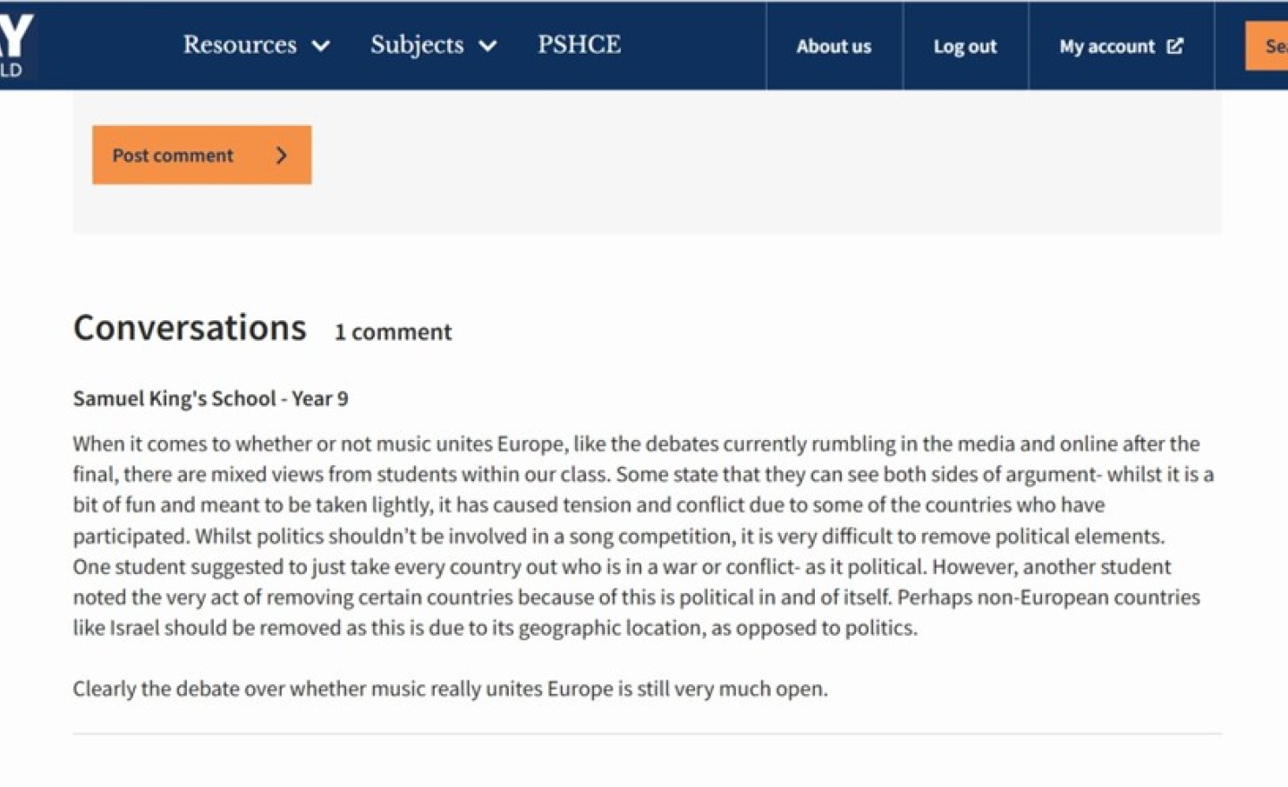 Image of Year 9 comment on 'The Day' article