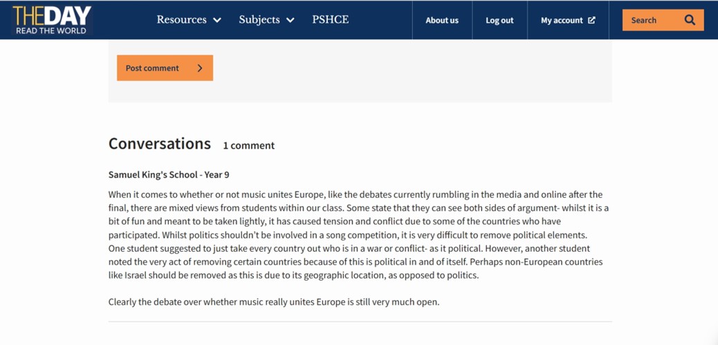 Image of Year 9 comment on 'The Day' article