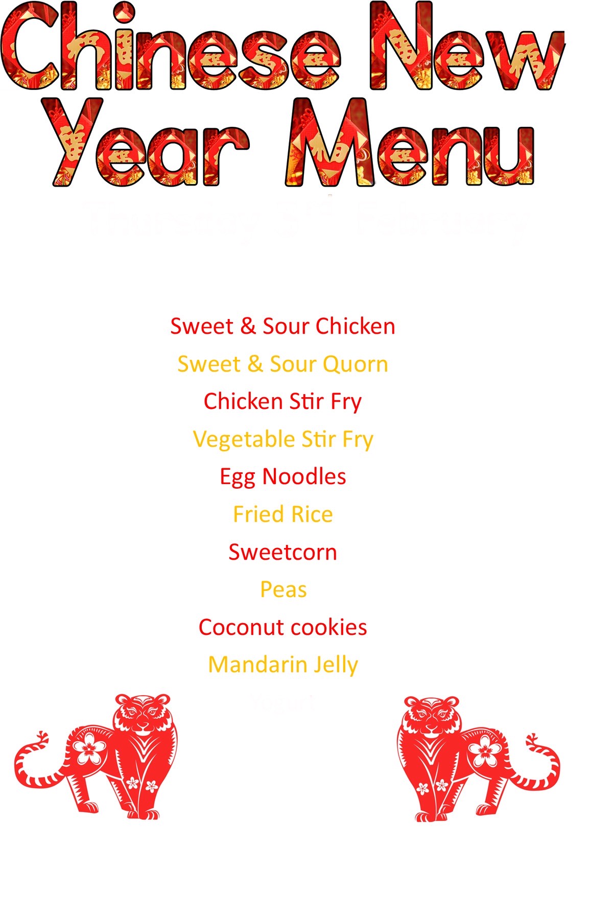 Image of Chinese New Year Menu  Wednesday 29th January 2025