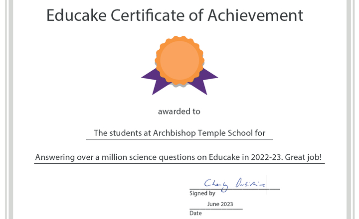 Image of Archbishop Temple Church of England High School pupils in the top 5% of learners using Educake - our Science online learning tool.