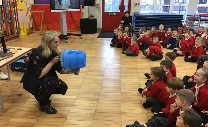 Image of Miss Walsh launches British Science Week at Grange Primary School with a special, whole school science show