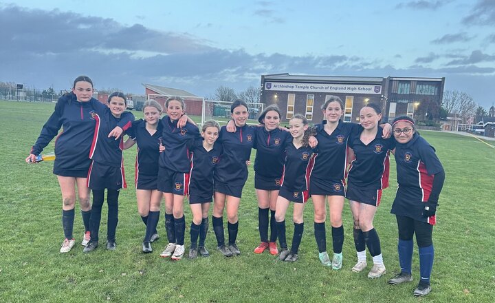 Image of Year 7 girls football team celebrate reaching the national quarter final