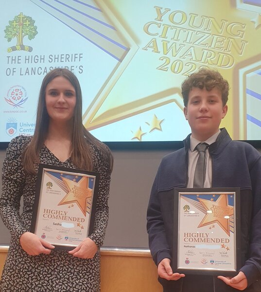 Image of Sasha and Nathanael highly commended for voluntary, community and charity work at the Lancashire Young Citizen Award