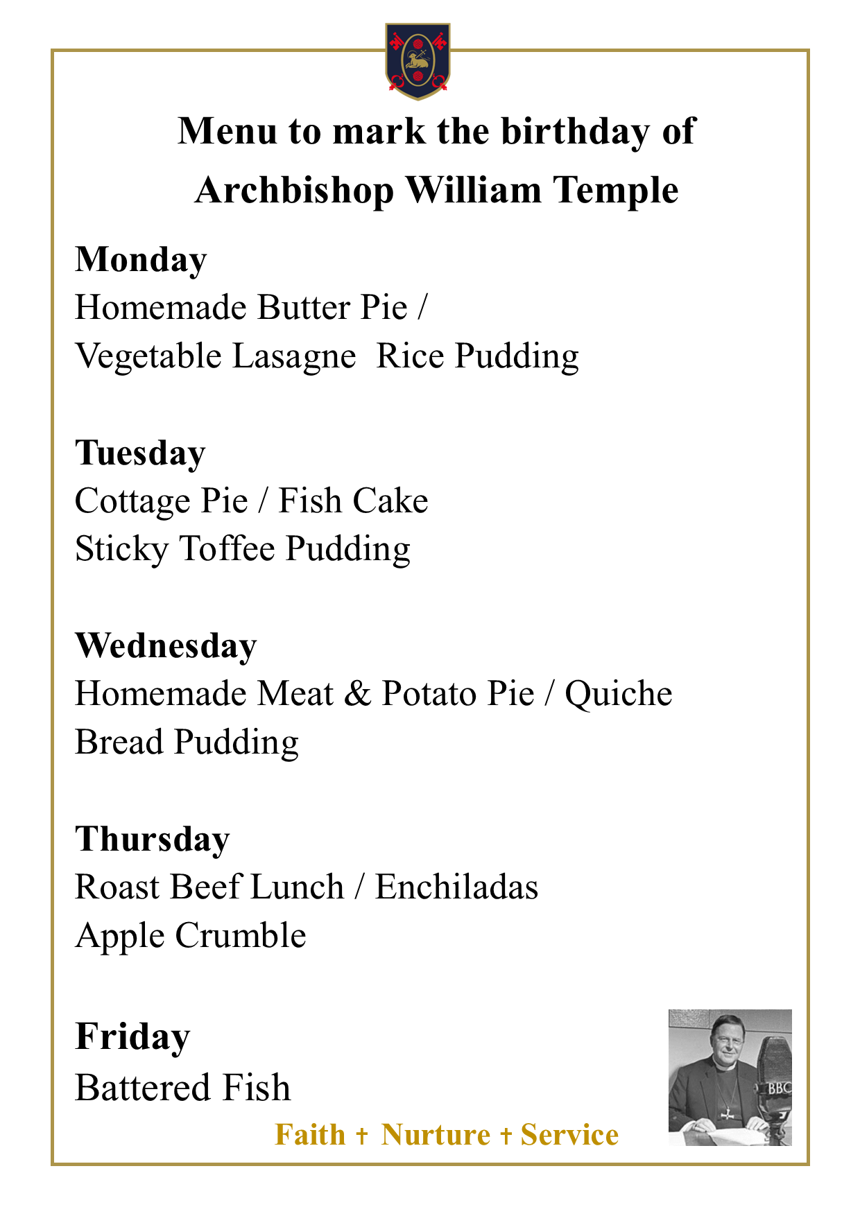 Image of Special menu to mark Archbishop William Temple's birthday available to purchase in The Lighthouse Cafe 