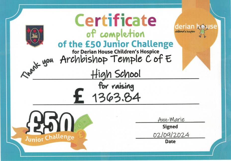 Image of Pupils and staff raise over £1300 for Derian House!