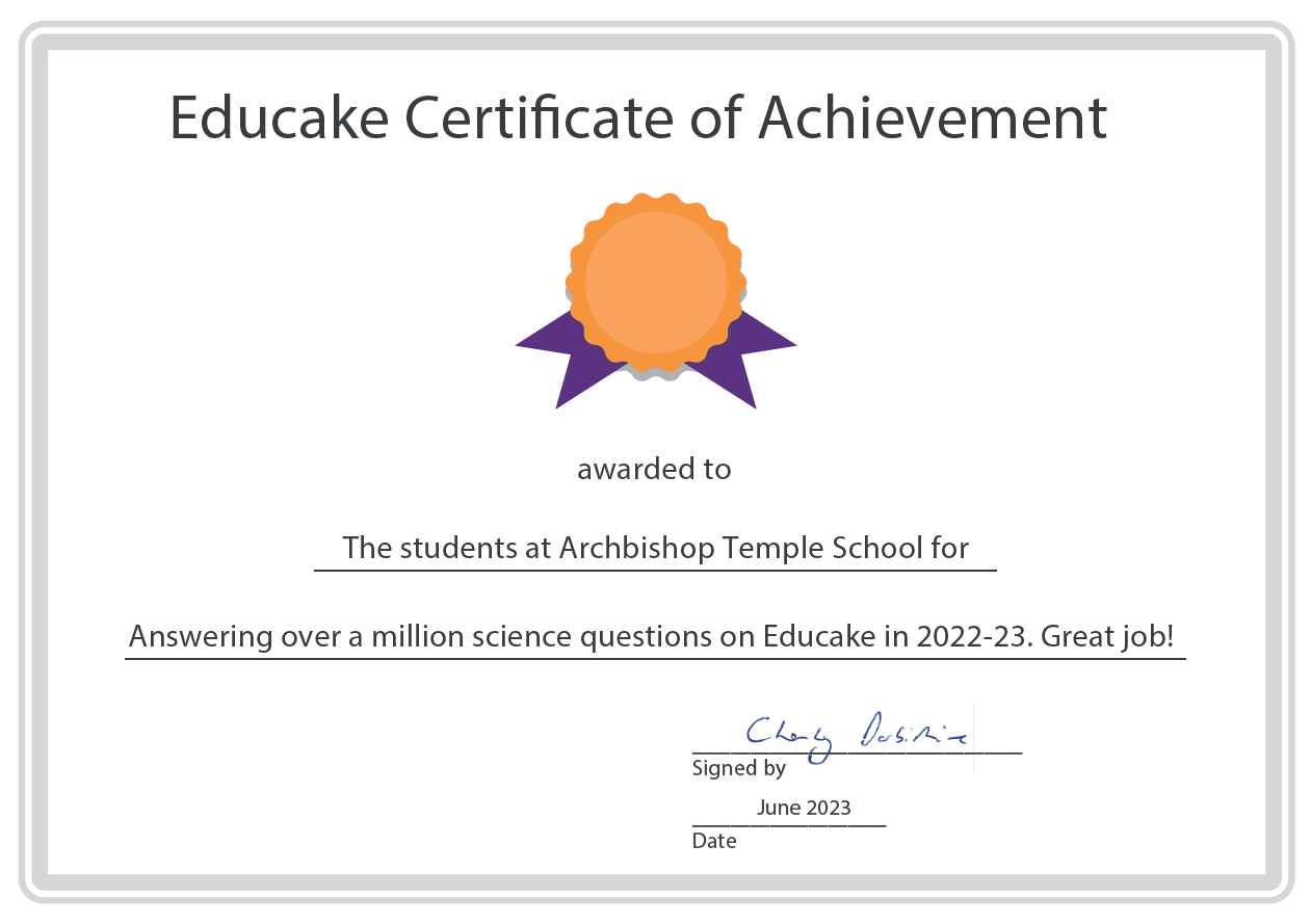 Image of Archbishop Temple Church of England High School pupils in the top 5% of learners using Educake - our Science online learning tool.