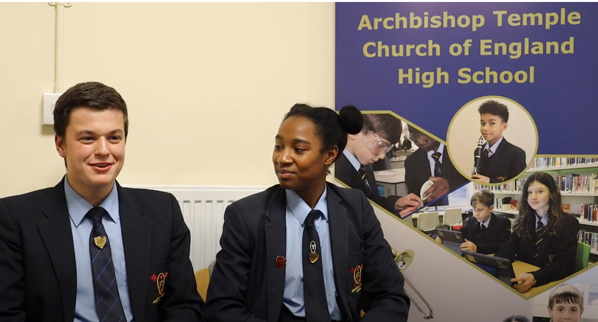 Image of Head Pupil and Deputy Head Pupil talk about their experiences at Archbishop Temple Church of England High School