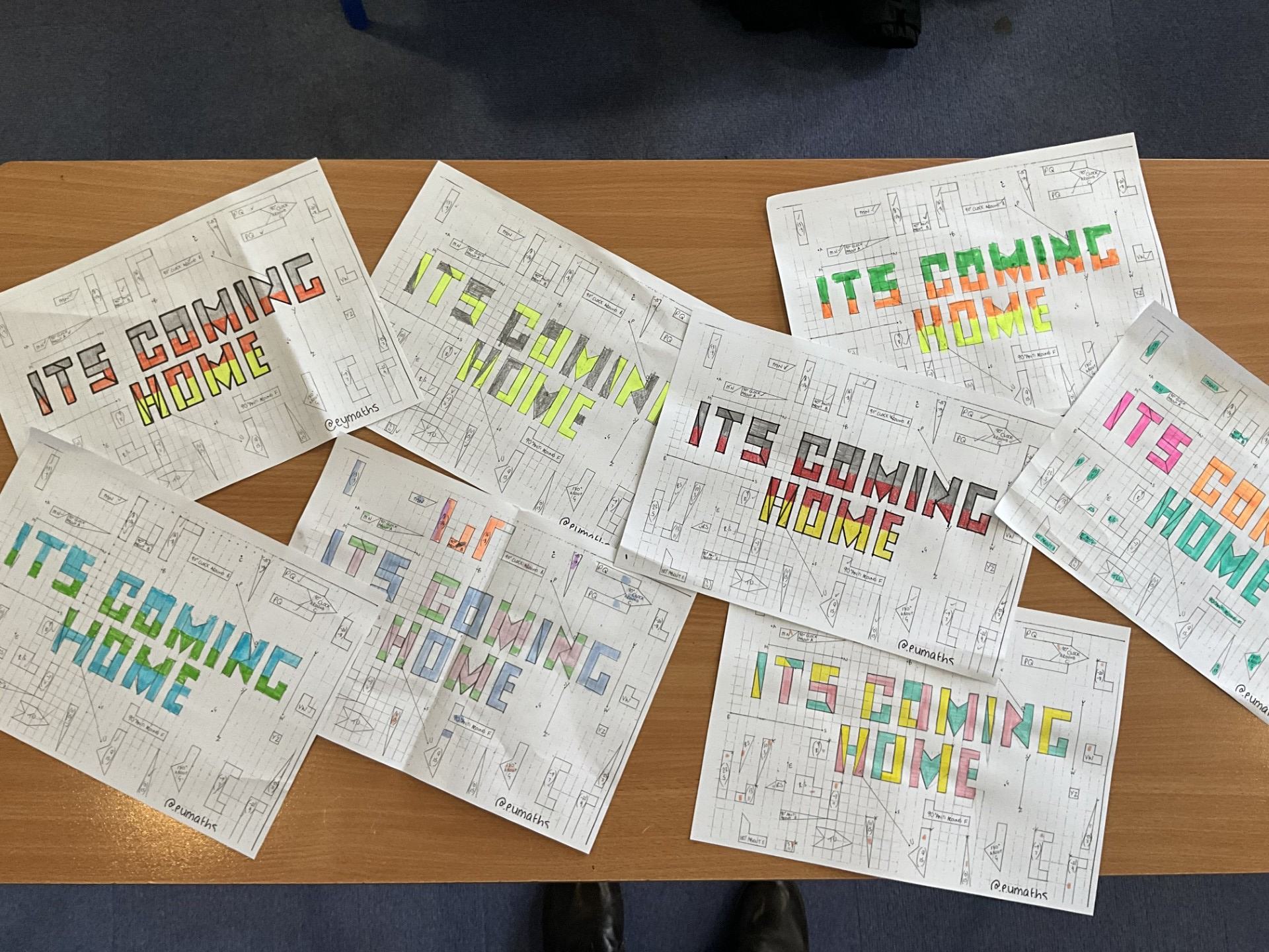 Image of Mathematics Transformations topic spells out a message for the England Squad