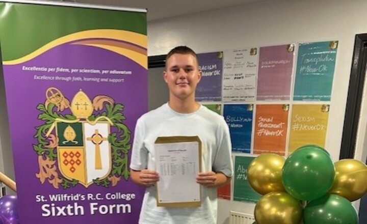 students pictured with their results envelopes