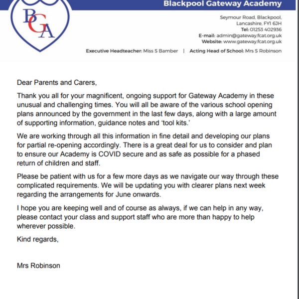 Image of Letter to parents 15/5/2020