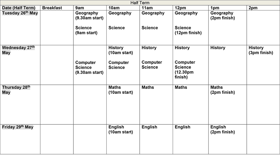 Image of Half Term study timetable