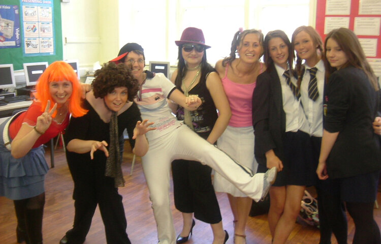 Image of Staff perform as Take That and the Spice Girls