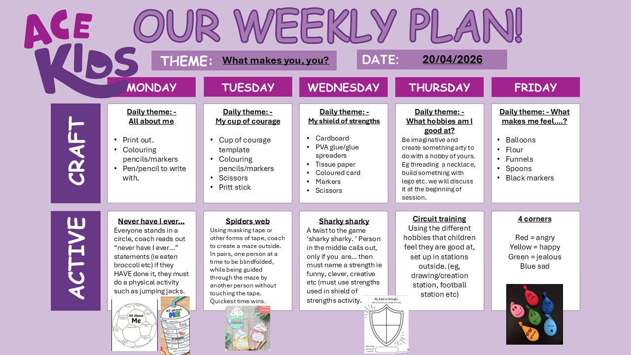 Image of ACE Kids Weekly Theme Chart w/c 20th April