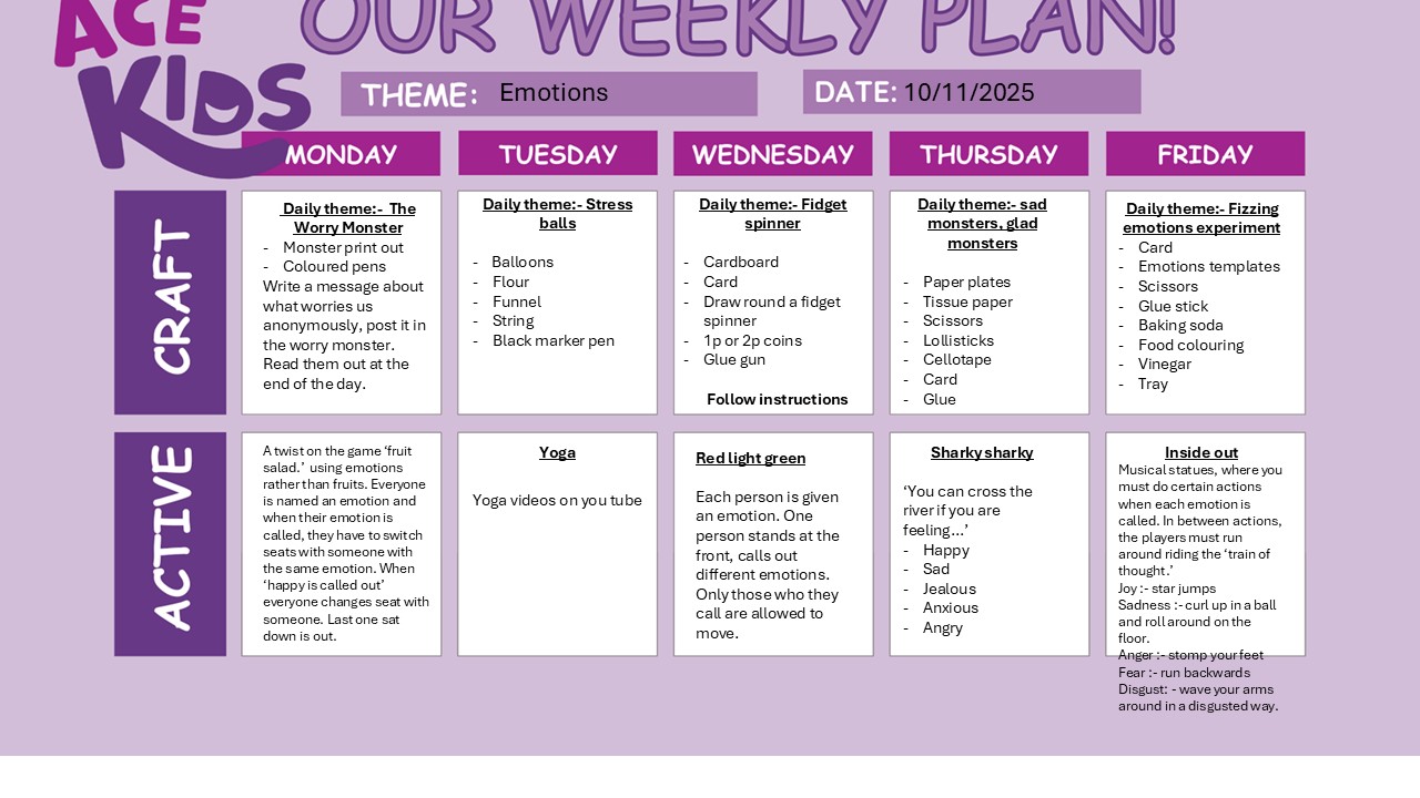 Image of ACE Kids Weekly Theme Chart w/c 10th November