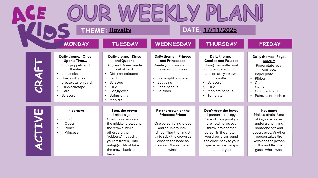 Image of ACE Kids Weekly Theme Chart w/c 17th November