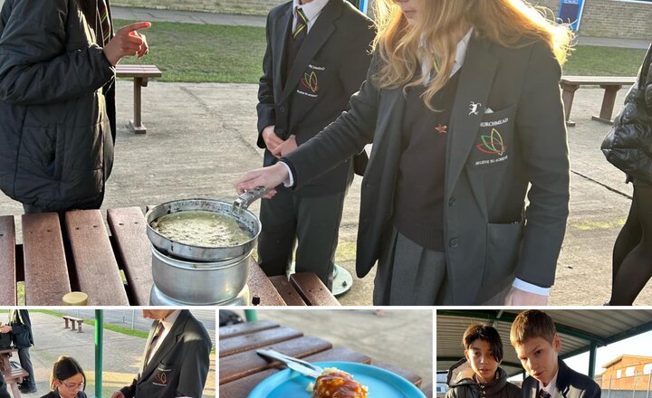 A group of students cook on camping stoves