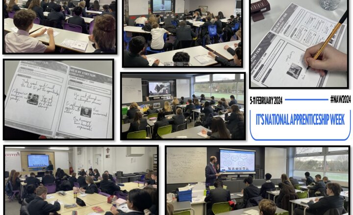 Various images of students working in the classroom and the National Apprenticeships logo