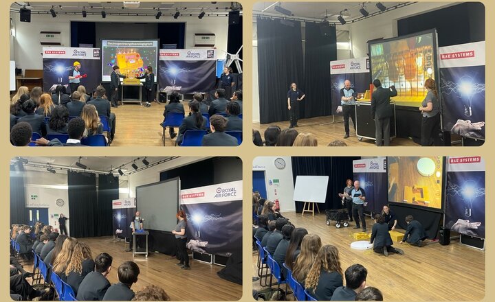 A collection of pictures showing students participating in a STEM workshop in the school hall