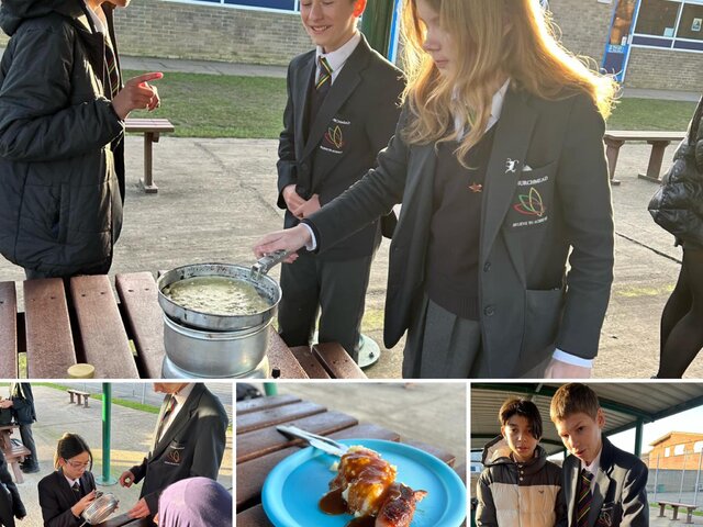 A group of students cook on camping stoves