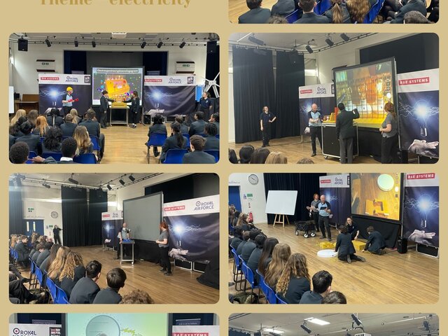 A collection of pictures showing students participating in a STEM workshop in the school hall