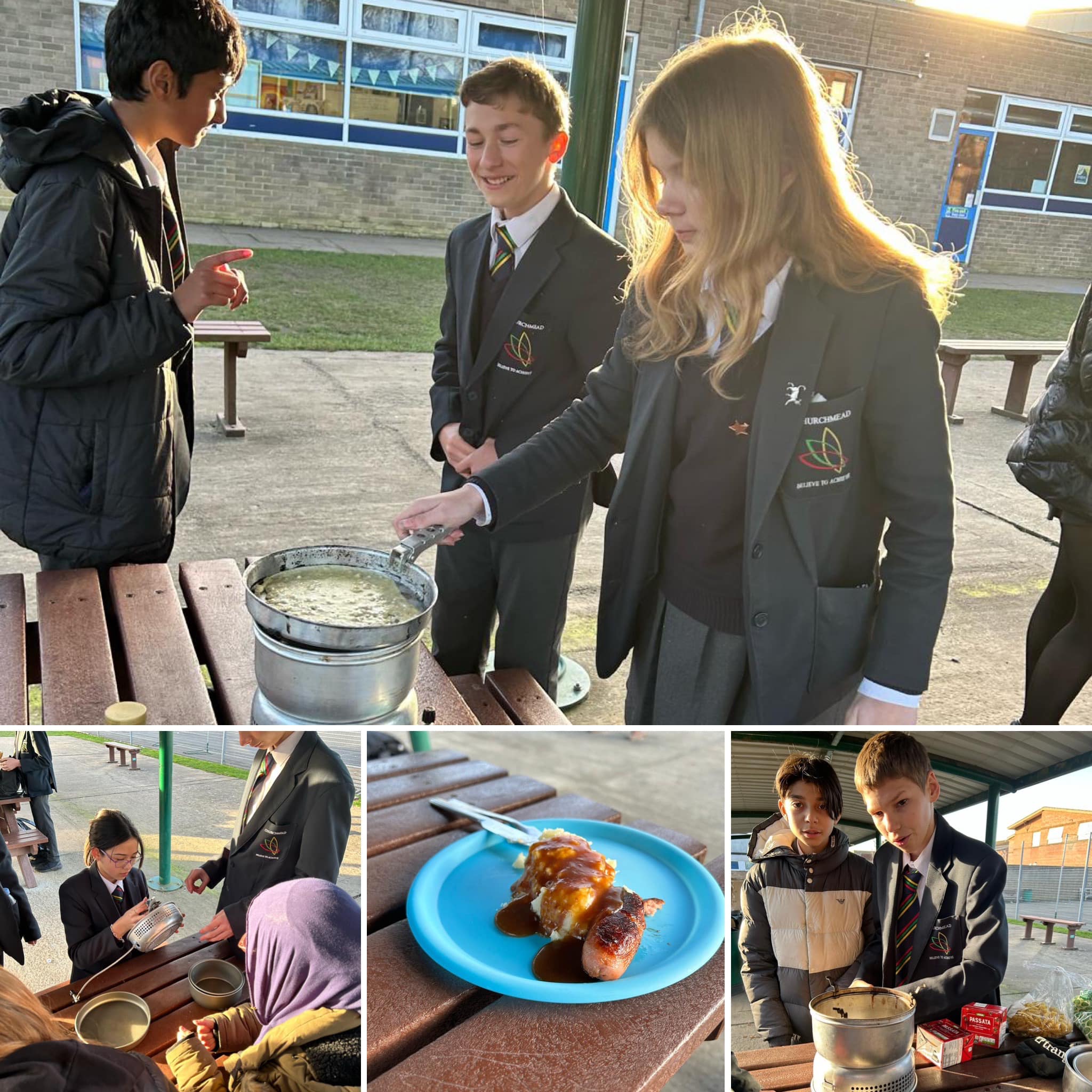 A group of students cook on camping stoves