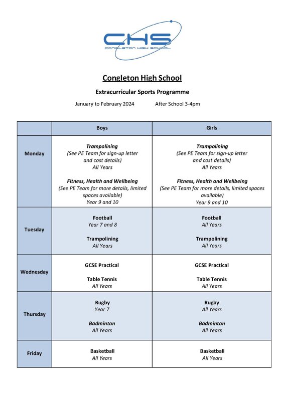 Image of PE Extracurricular Timetable has Lots to Offer