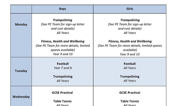 Image of PE Extracurricular Timetable has Lots to Offer