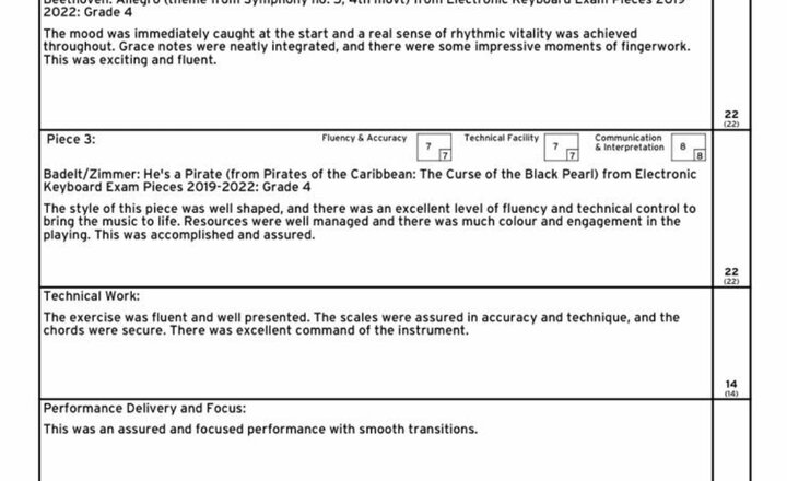 Image of Joshua Secures Grade 4 Keyboard Exam and Great Feedback