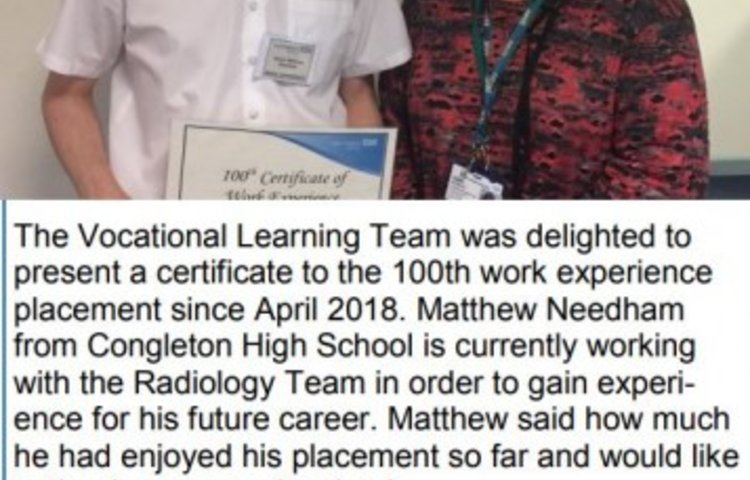 Image of Matthew is NHS' 100th Work Experience Student