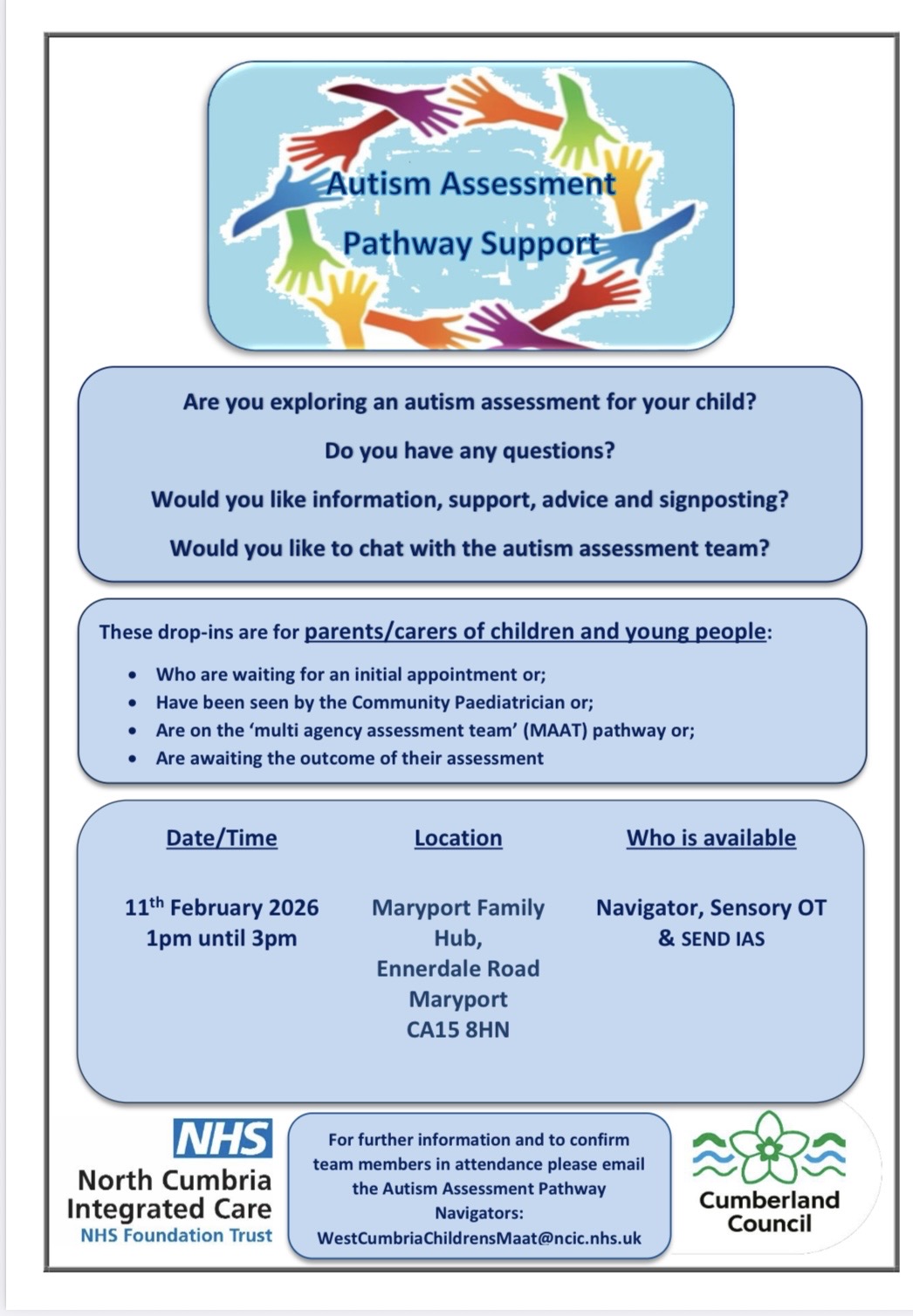 Image of Autism Assessment Pathway Drop - 11th February 2026 at Maryport