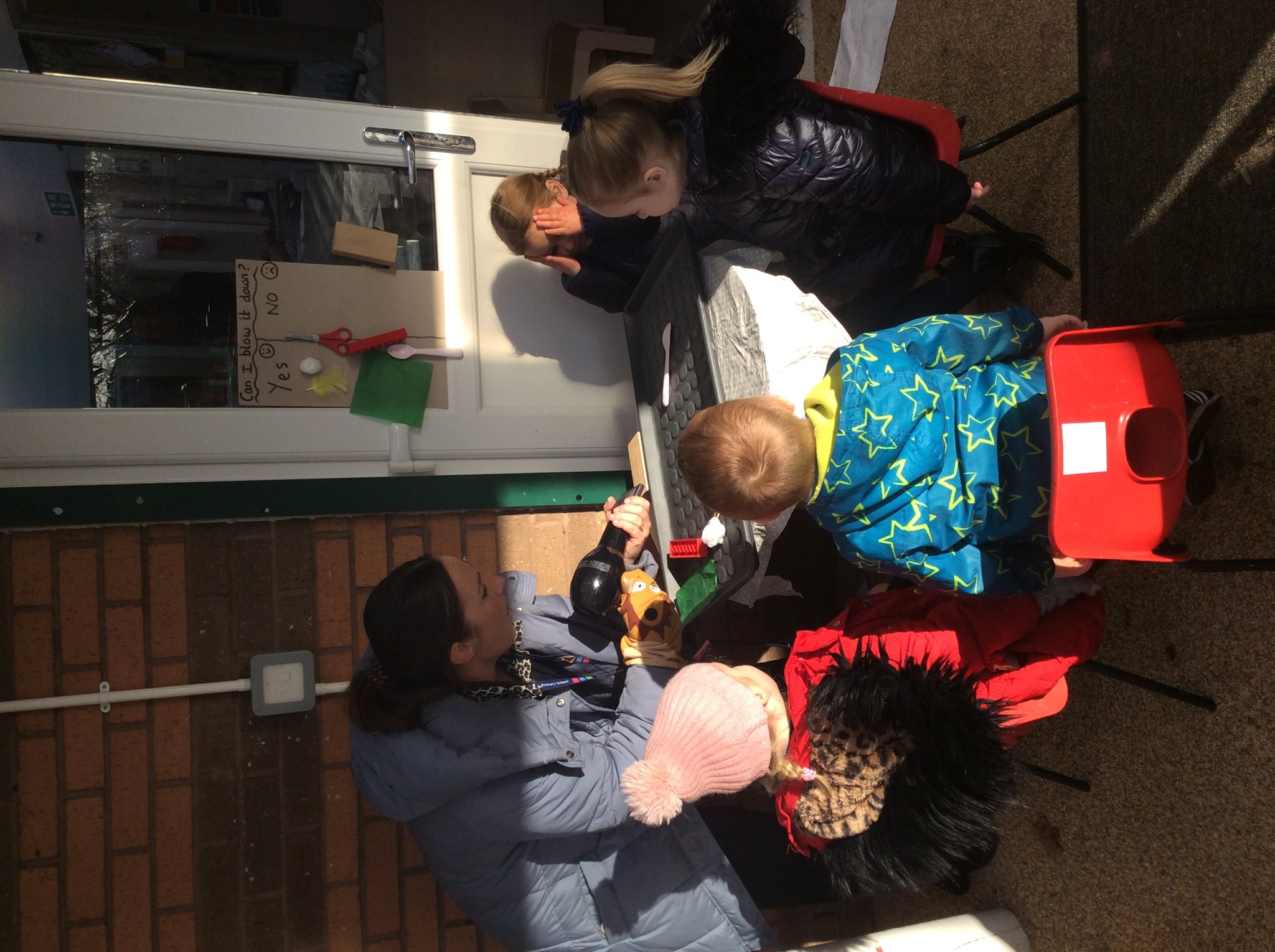 Image of Pre School-The Three Little Pigs wind experiment and house building at forest school