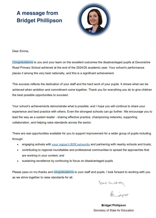 Image of Recognition from the Secretary of State for Education  