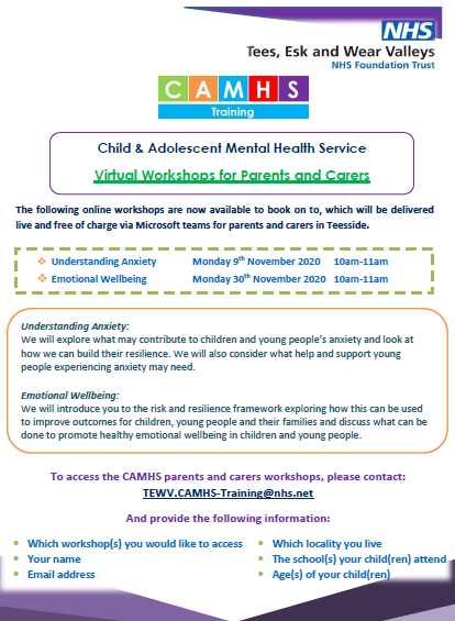 Image of CAMHS Virtual Workshops for Parents / Carers - Anxiety and Emotional Wellbeing 