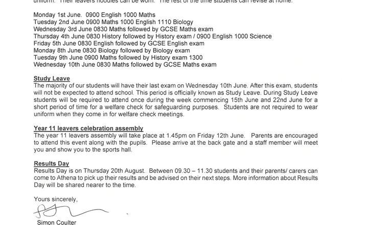 Image of Athena Key dates for Yr 11 Students