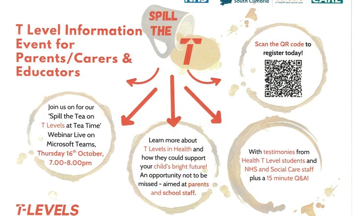 Image of “Spill the Tea on T Levels at Teatime” for parents and carers of  Year 10 and Year 11 students