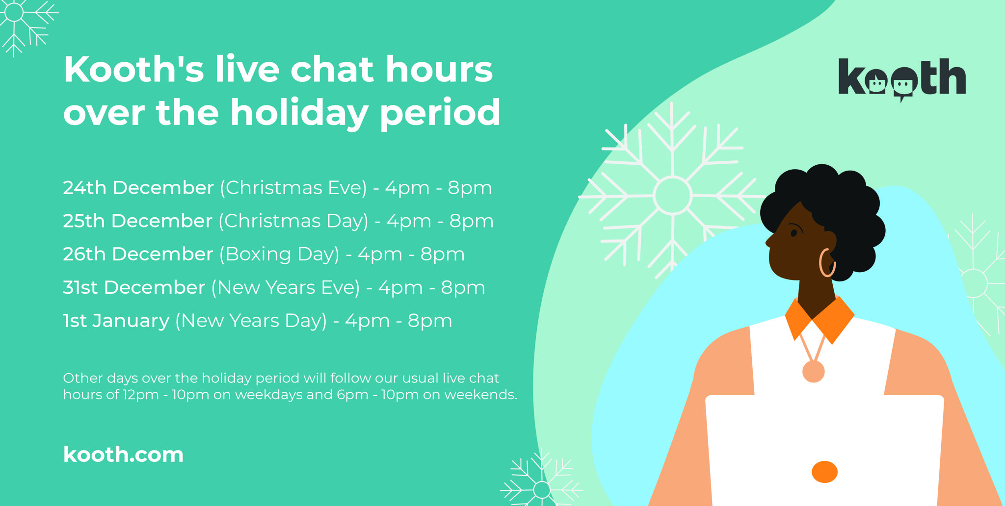 Image of Kooth's Live chat hours over the holiday period