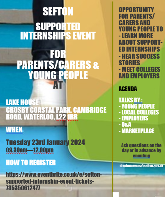 Image of Sefton Supported Internships Event on 23 January 2024    9:30am - 12:00pm at Crosby Lake House