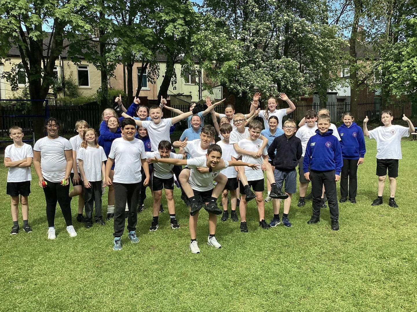 Holy Family, Year 6 pupils, celebrating after completing their SATs