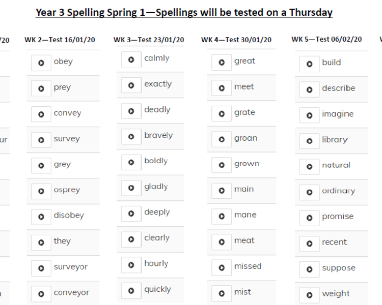 Image of Year 3 spellings Spring 1