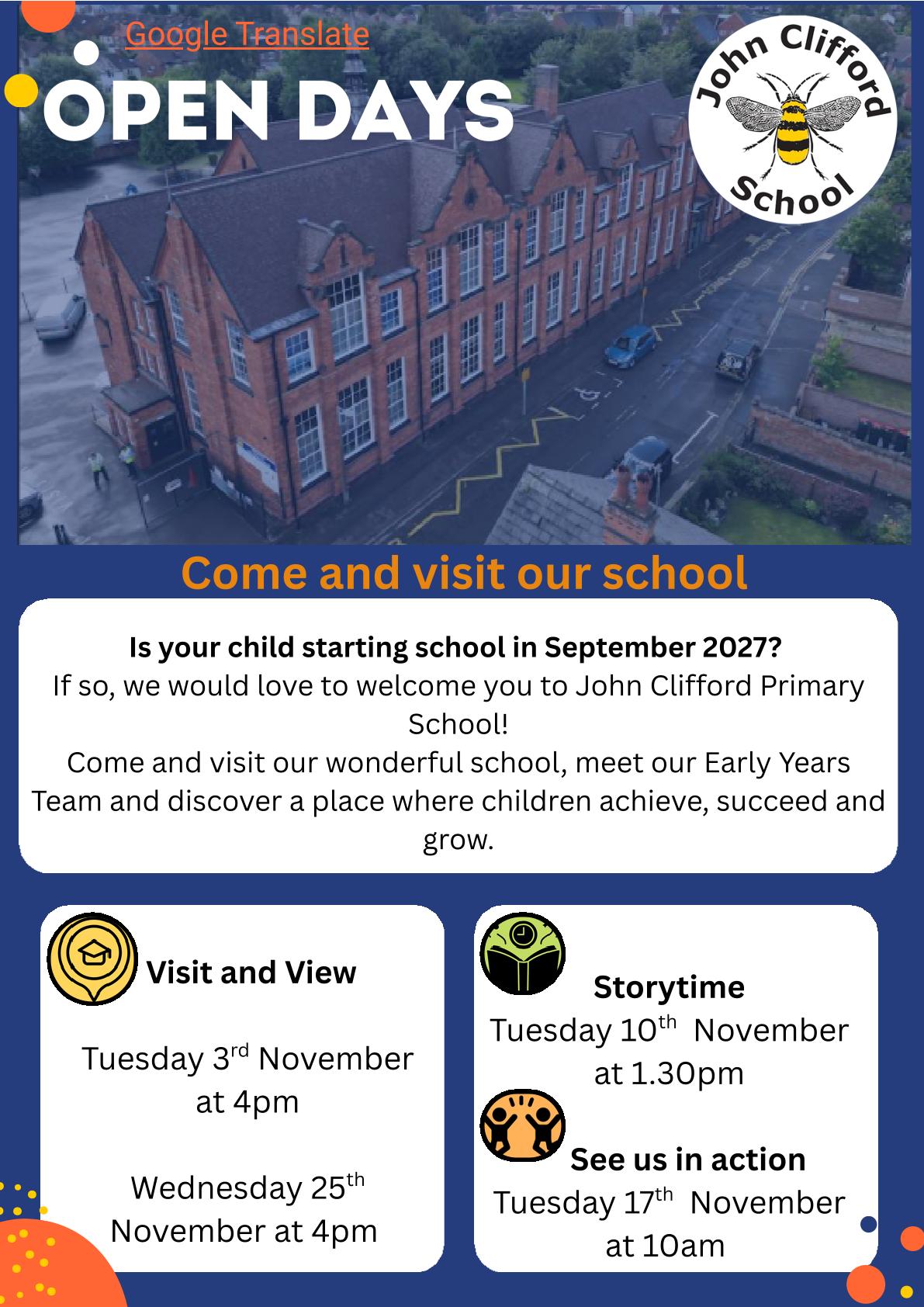 Image of Open Days for Reception Intake Sept 27 