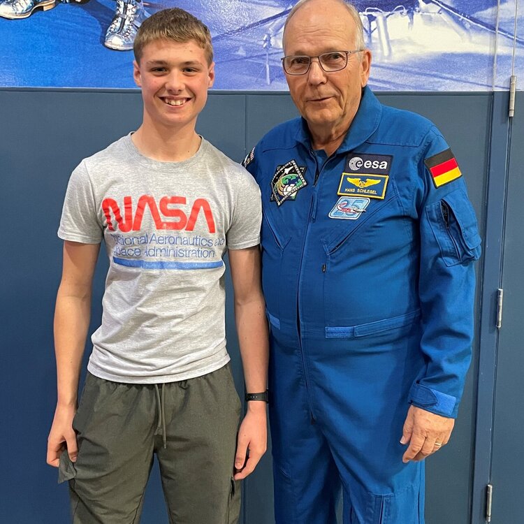 Image of Fourth Year pupil, Declan, meets German astronaut, Hans Schlegel
