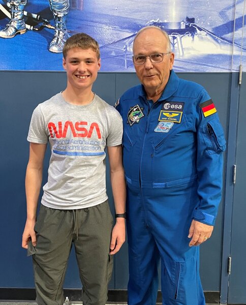 Image of Fourth Year pupil, Declan, meets German astronaut, Hans Schlegel