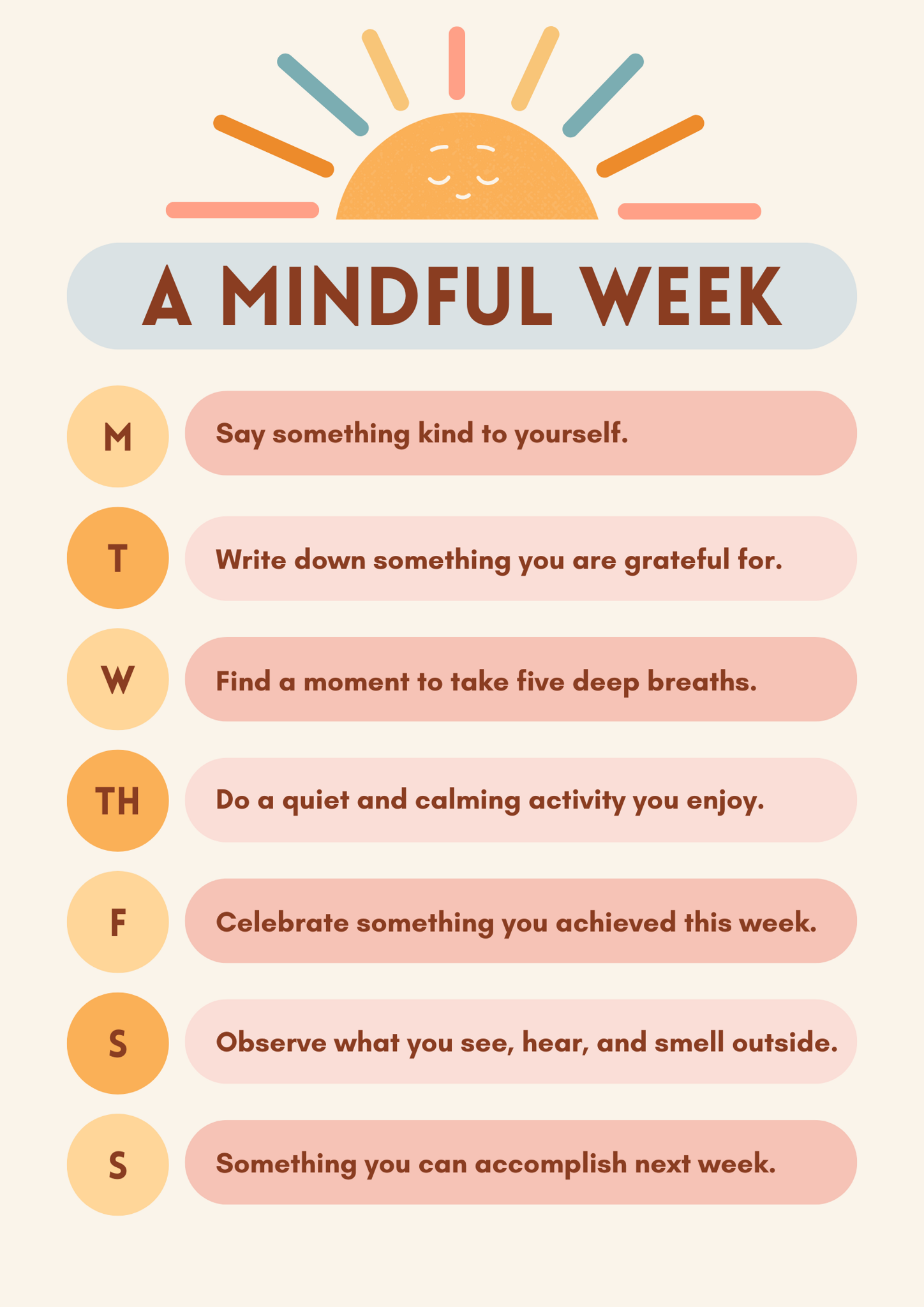 An image showing various ways to be mindful - one for each day of the week. 