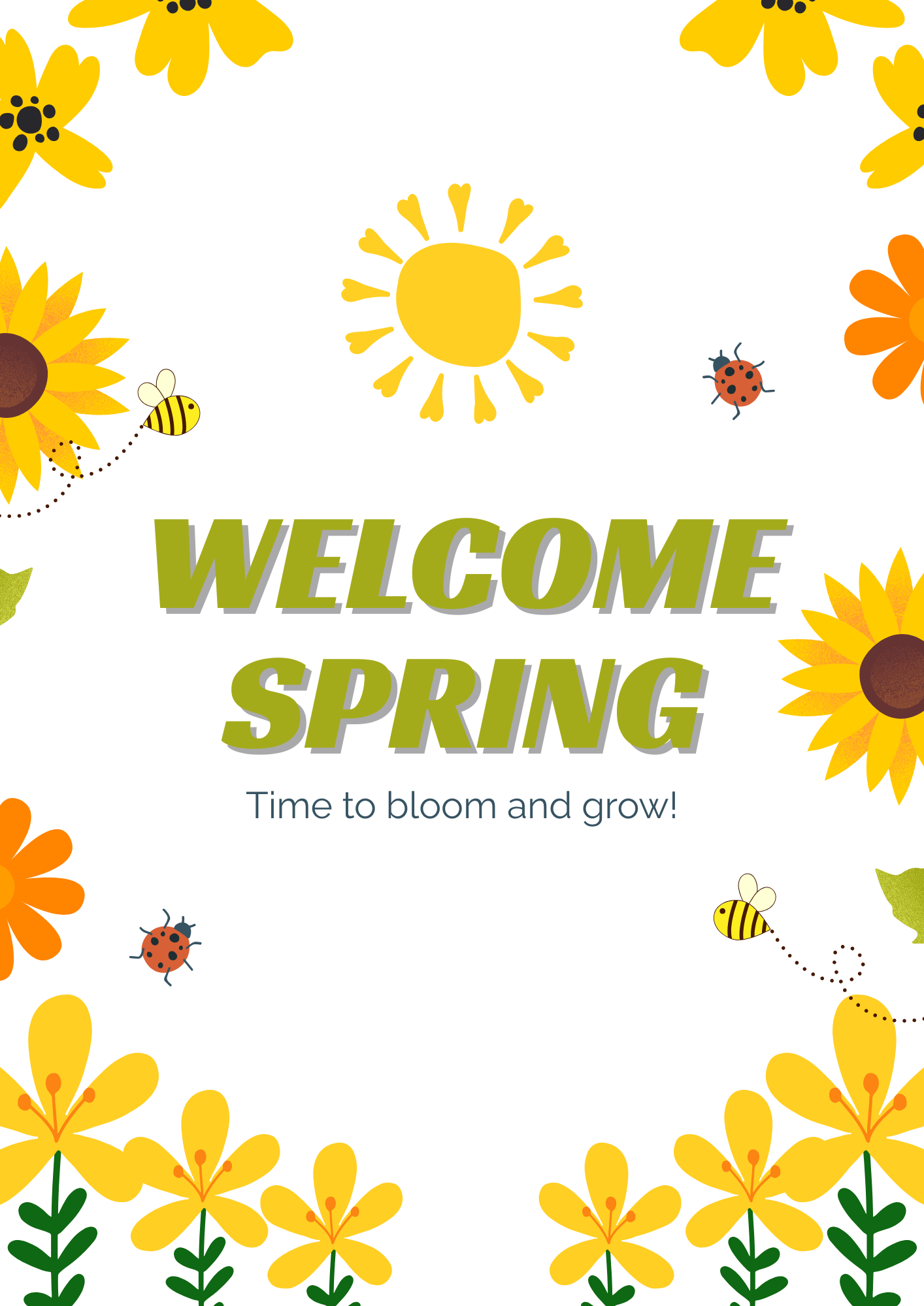 An image of sunflowers and the text "Welcome Spring"