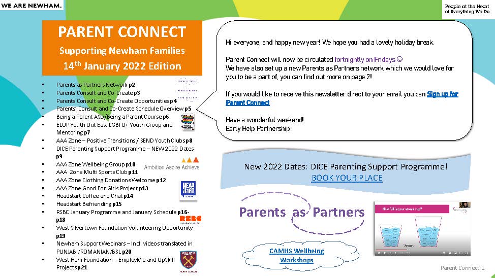 Image of Parent Connect Supporting Newham Families 14th January 2022 Edition