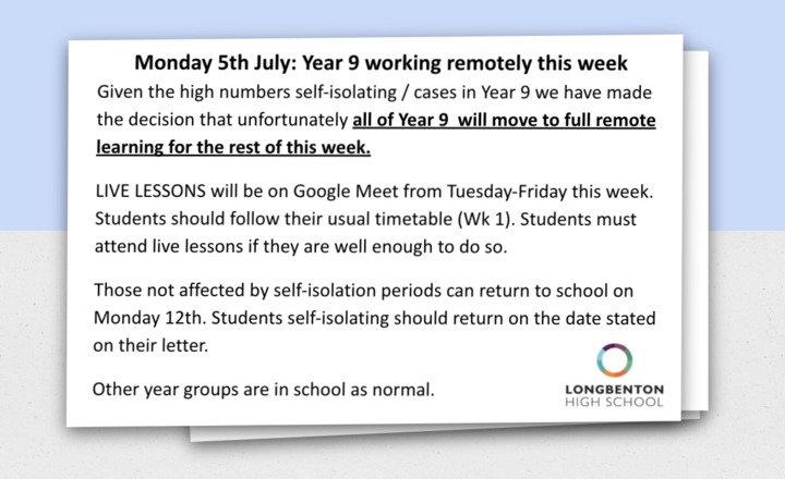 Image of ALL of Year 9 remote learning remainder of this week (5.07.21)
