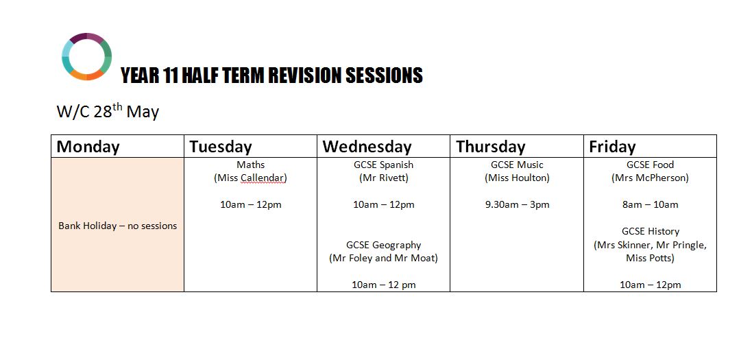 Image of May half term revision timetable for Year 11