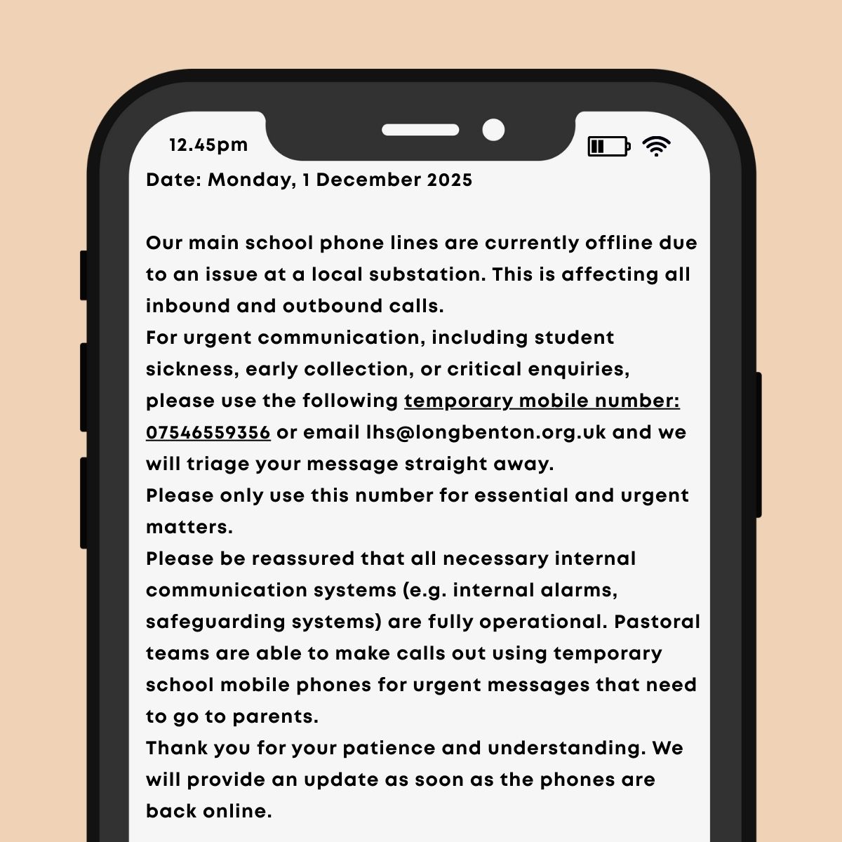 Image of Phones offline 1.12.25 @12.45pm - temporary number