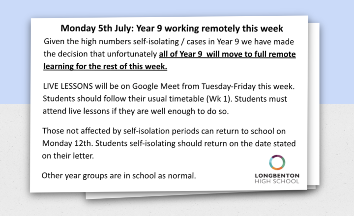 Image of ALL of Year 9 remote learning remainder of this week (5.07.21)